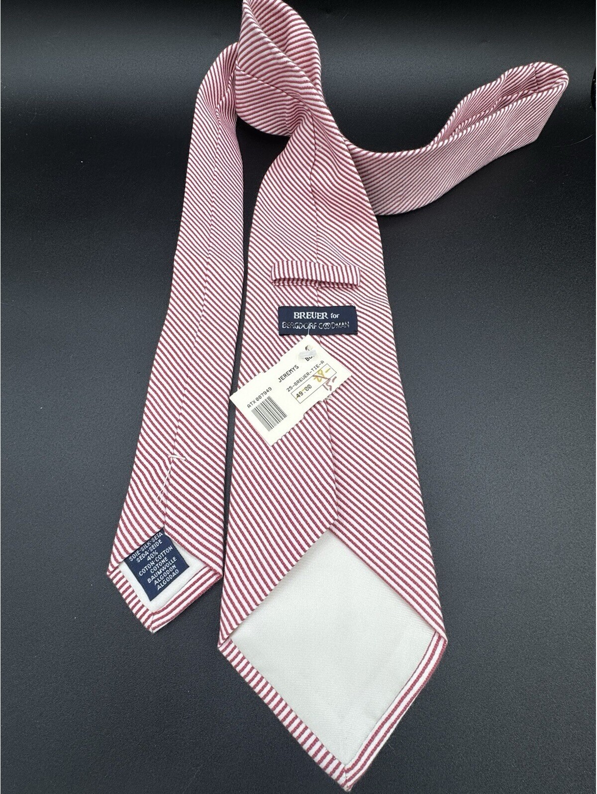 Breuer For Bergdorf Goodman Men’s Tie Red White Stripe Silk Cotton Italy Nwt — image 3 of 8